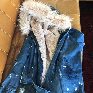 avec les filles faux fur trim denim parka